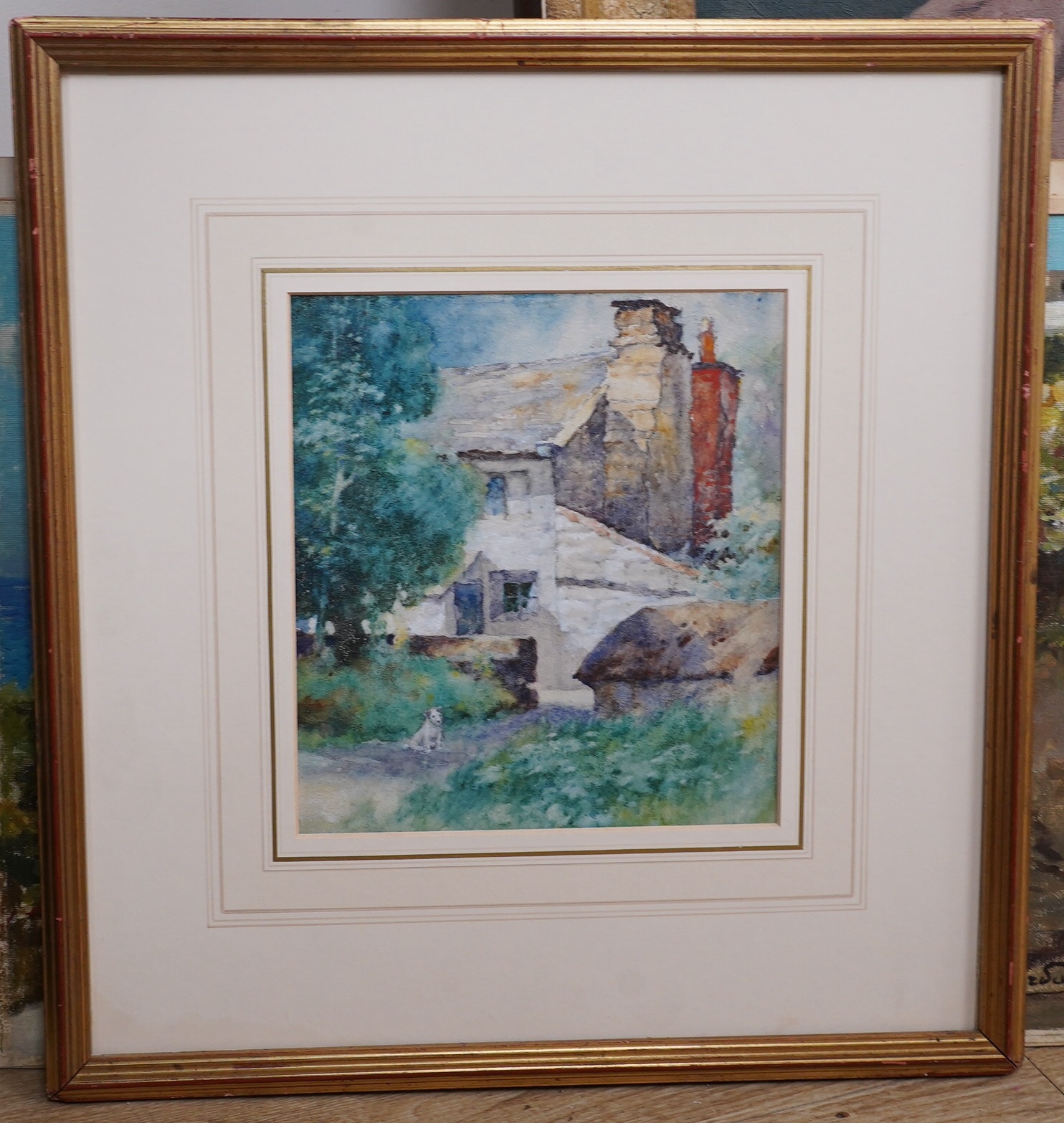 Continental School, oil on board, Italian hillside landscape with villas, together with two watercolours, including Edward Smith (Exh. 1904-1923) 'Awaiting his master's return', largest 36 x 51cm, two unframed. Condition